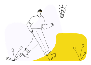 Strichzeichnung eines Mannes in Seitenansicht, der mit sehr großen Beinen und Schuhen nach rechts schreitet. Am Boden befinden sich pflanzenartige Elemente, vor seinem Kopf ist eine Glühbirne. Der Hintergrund ist weiß und gelb