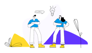 Comicartige Strichzeichnung zweier Menschen, die sich gegenüberstehen und sich unterhalten. Beide sind im Dreiviertelprofil dargestellt. Sie tragen jeweils ein blaues T-Shirt, haben sehr lange Beine und große gelbe Schuhe. Zwischen ihren Köpfen ist eine Sprechblase und eine Glühbirne zu sehen.