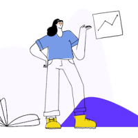Strichzeichnung einer Person in Frontalansicht. Der recht Arm ist in die Hüfte gestützt, der linke Arm zeigt angewinkelt nach oben auf ein schematisches Diagramm, Die Person trägt ein blaues T-Shirt, hat sehr lange Beine und trägt gelbe Schuhe.