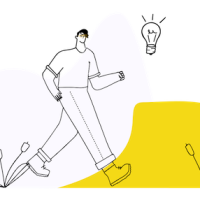 Strichzeichnung eines Mannes in Seitenansicht, der mit sehr großen Beinen und Schuhen nach rechts schreitet. Am Boden befinden sich pflanzenartige Elemente, vor seinem Kopf ist eine Glühbirne. Der Hintergrund ist weiß und gelb